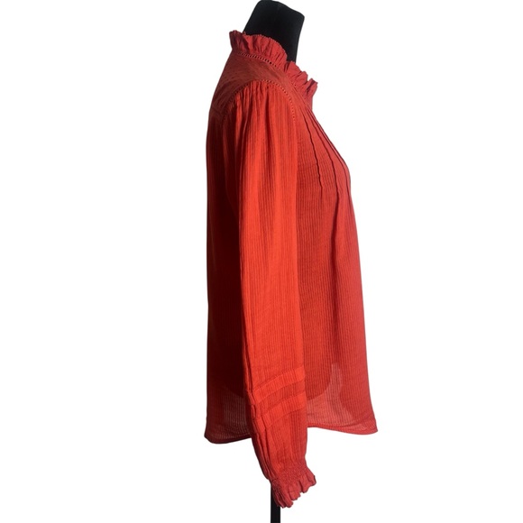 Faherty Willa Blouse Orangey - Red Pintuck Organic Cotton Ruffle L/S Top Size S - Picture 4 of 11